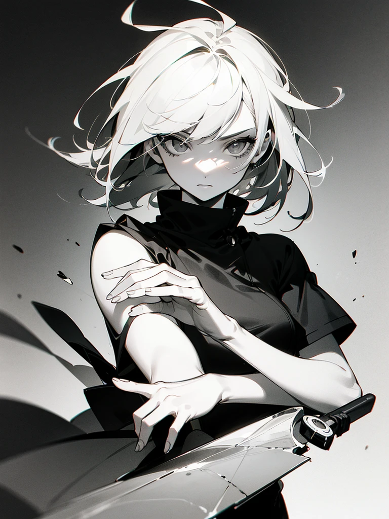 (Partial Mosaic, White Hair Girl, knife), Grayscale Shades, sketch, Minimalist Style, Monochrome background street art