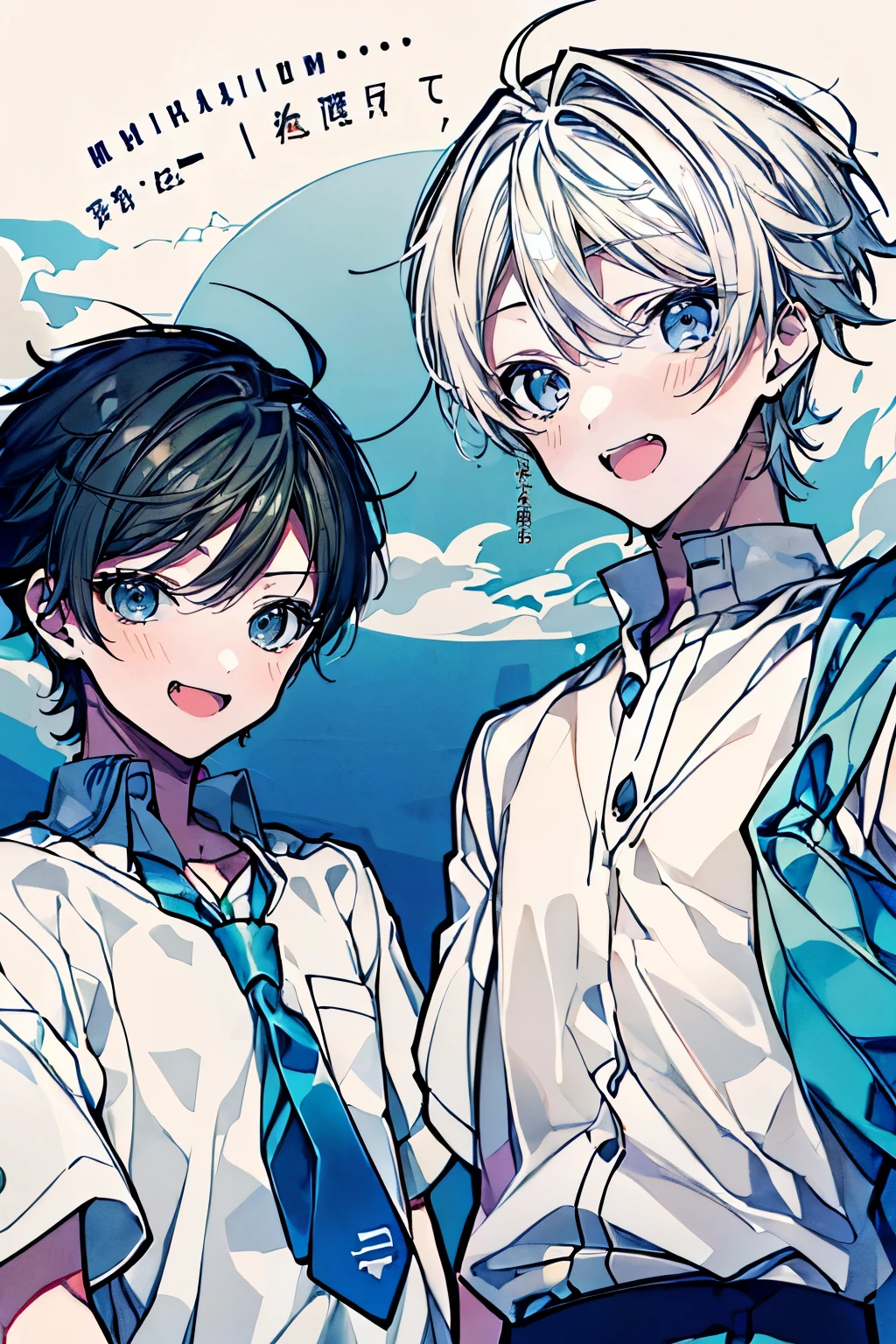 (Mastepiece), (Best Quality), Very detailed, (Two friendly boys:1.5),High school boys、Shooting from below、Solo Shooting,Perfect Face, Beautiful Face, Very detailed顔,(黒髪のHigh school boys1人:1.3),(白髪のHigh school boys1人:1.3)、(short hair:1.3)、(Happy Face:1.4),(Laughing with your mouth open:1.3),(Short-sleeved white shirt:1.4)、(Windになびく髪:1.4),(youth:1.3)、The atmosphere that seems to disappear,(blue sky_cumulonimbus)、summer、ephemeral、Sweat、Wind、sunlight