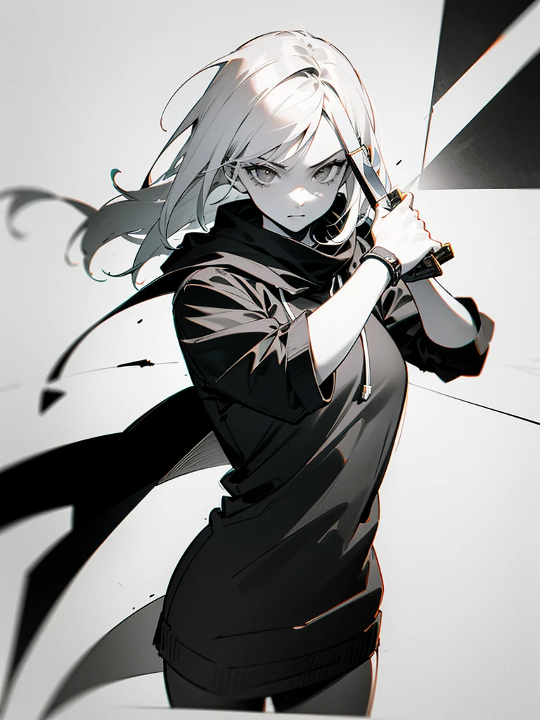 (Partial Mosaic, White Hair Girl, knife), Grayscale Shades, sketch, Minimalist Style, Monochrome background street art