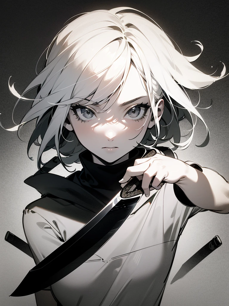 (Partial Mosaic, White Hair Girl, knife), Grayscale Shades, sketch, Minimalist Style, Monochrome background street art