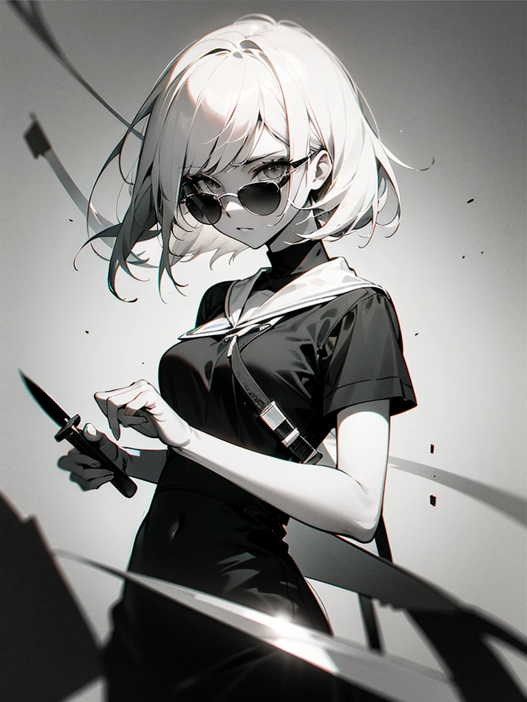 (Partial Mosaic, White Hair Girl, knife), Grayscale Shades, sketch, Minimalist Style, Monochrome background street art