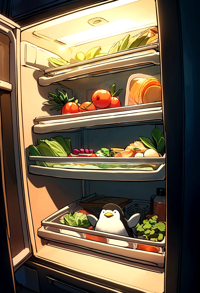 A penguin waving in a company mechanic's outfit "grees" recharged in a refrigerator