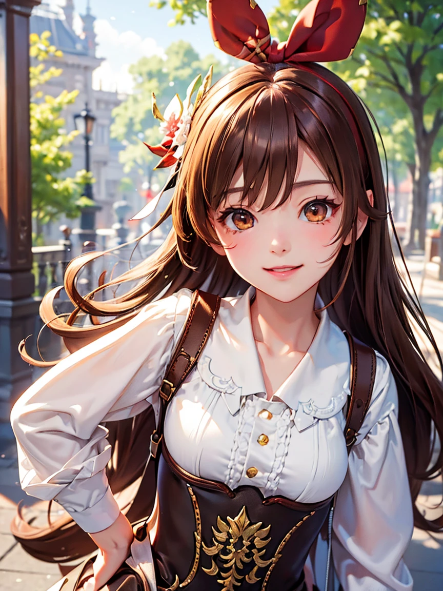 ultra-detailed, masterpiece, highest quality, love letter, pov, smile, blush ,amber \(genshin impact\), brown eyes, brown hair, long hair, red hair ribbon