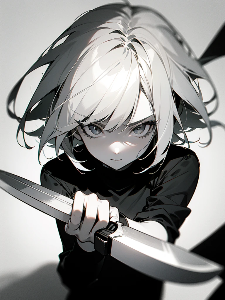 (Partial Mosaic, White Hair Girl, knife), Grayscale Shades, sketch, Minimalist Style, Monochrome background street art