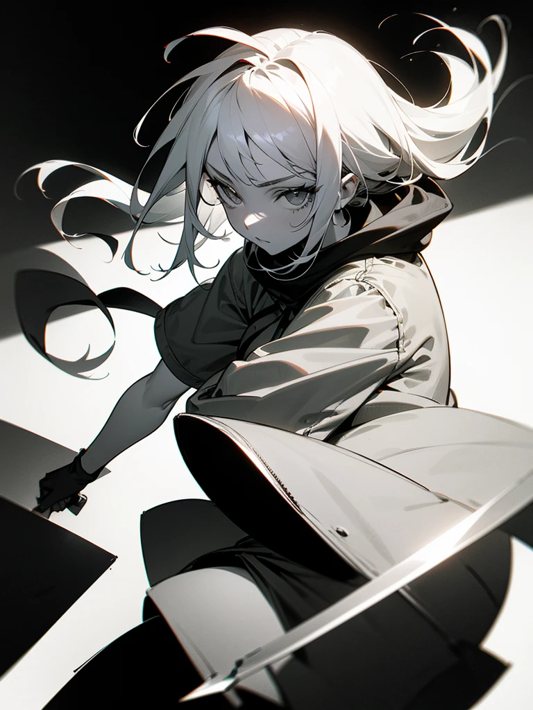 (Partial Mosaic, White Hair Girl, knife), Grayscale Shades, sketch, Minimalist Style, Monochrome background street art