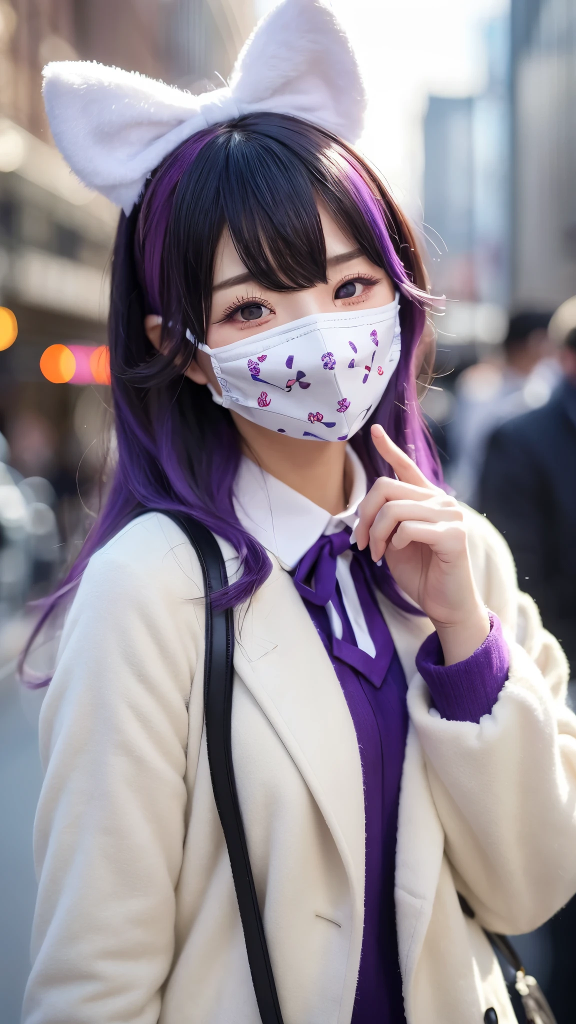 ((カスタムEye mask)), ((Patterned mask)), ((patterned Eye mask)), string hair ribbon, Purple Hair, ((Realistic)), ((Photorealism)), ((photoRealistic)), ((Cosplay)), ((Real Life)), One girl, alone, close your eyes, Black Hair, Multicolored Hair, blush, Fur trim, fur-trimmed coat, smile, coat, Purple Hair, Long Hair, ((Eye mask)), bangs, Mouth closed, bow, Flying Sweat, white coat, ribbon, bandage, Two-tone hair, Upper Body, white bow, hair ornaments