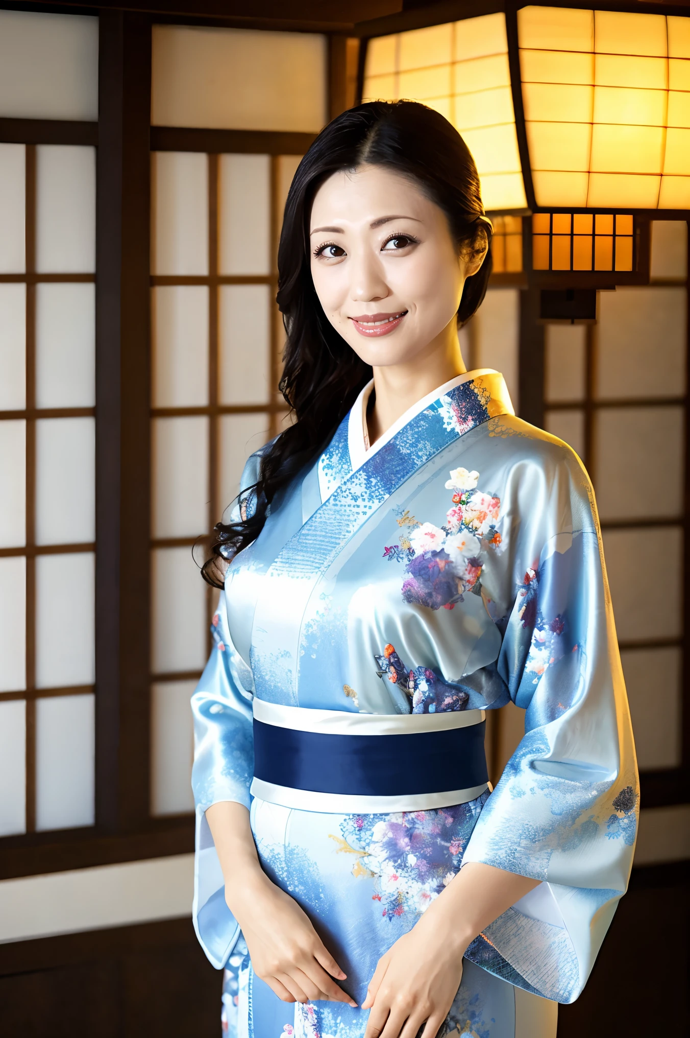 (Highest quality、Tabletop、8K、Best image quality、Award-winning works)、(One beautiful mature woman:1.1)、Adult face、(Innkeeper:1.1)、(Elegant floral kimono:1.2)、(A kimono with a perfect and precise collar:1.2)、Perfect mature woman portrait photo、Glowing Skin、Standing Elegantly、(Blurred elegant and exquisite perfect Japanese style room background:1.3)、(The most natural and perfect tidy Japanese style room background:1.2)、Glowing White Skin、Very white skin、(Accentuate your body lines:1.1)、(The most graceful posture:1.2)、(Large Breasts:1.2)、A perfect smile、Perfect beautiful glossy lips、(Accurate anatomy:1.2)、(A perfect and elegant kimono:1.1)、(Standing with good posture:1.1)、(Beautiful, high-quality, large kimono obi:1.1)