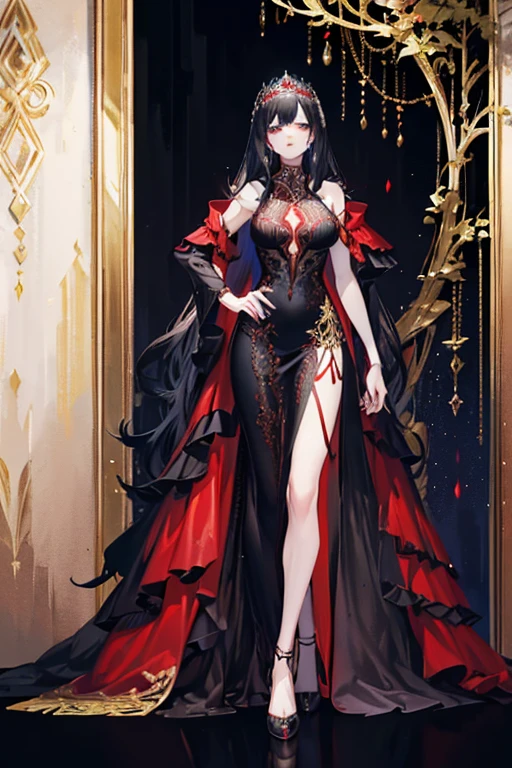 Black curly hair, Crimson eyes, 21 years old, Pale skin, Female, Hour glass body w/ pale skin, Diamond & silver crown, Black & red cocktail dress, detailed fashion illustration, intricate costume design, intricate gown, cocktail. extremely high details, ornate cocktail, cocktail dress, fantasy long intricate gown, an intricate dress, fashion concept art, extravagant dress, long flowing intricate dress, fashion design, dressed beautiful gown, high fashion design, long luxurious black & red intricate cocktail dress, detailed dress