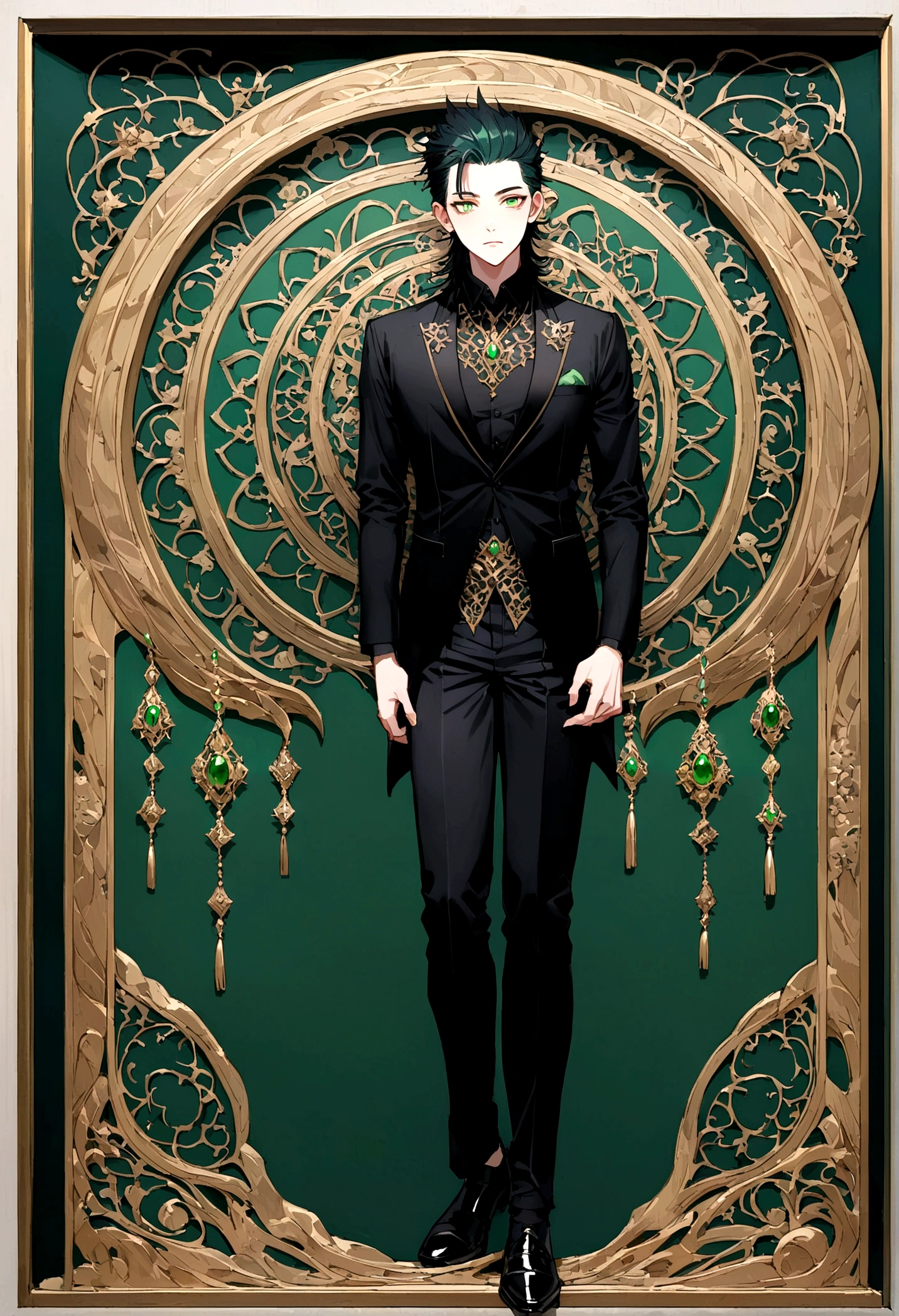 son of loki, green eyes, short black shaved mullet style haircut. wearing formal black shirt with green details, black pants, black shoes, full body image
