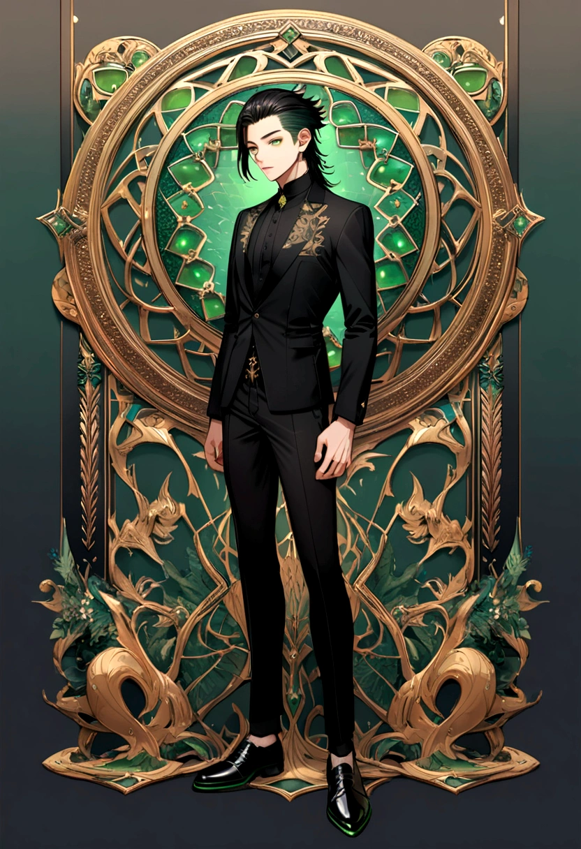 son of loki, green eyes, short black shaved mullet style haircut. wearing formal black shirt with green details, black pants, black shoes, full body image