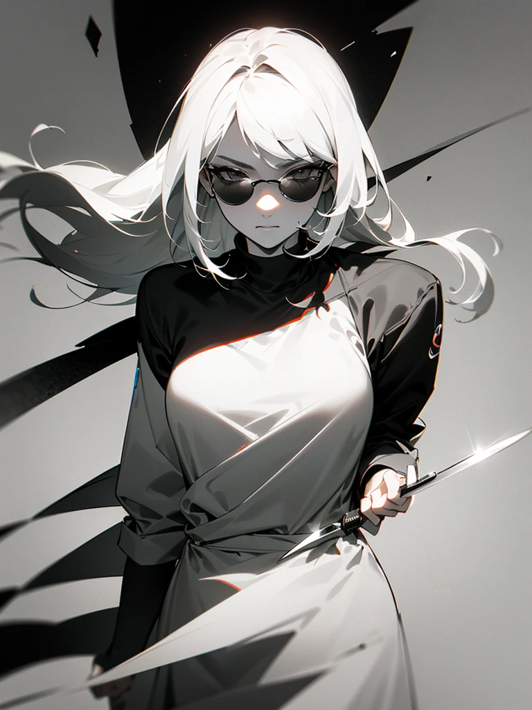 (Partial Mosaic, White Hair Girl, knife), Grayscale Shades, sketch, Minimalist Style, Monochrome background street art