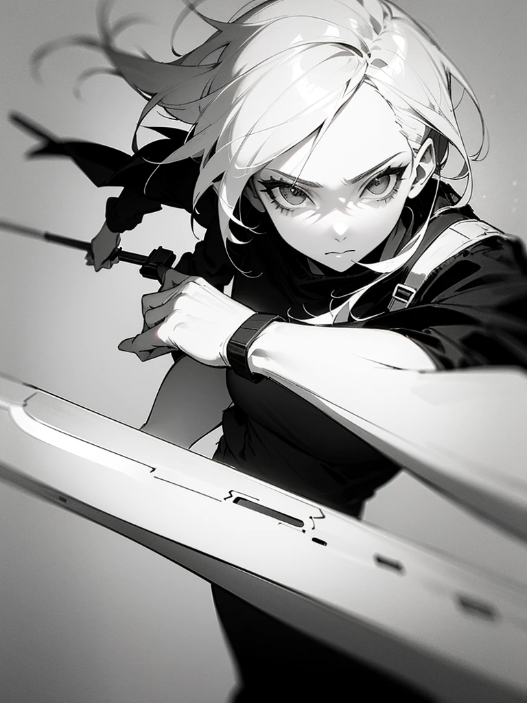 (Partial Mosaic, White Hair Girl, knife), Grayscale Shades, sketch, Minimalist Style, Monochrome background street art