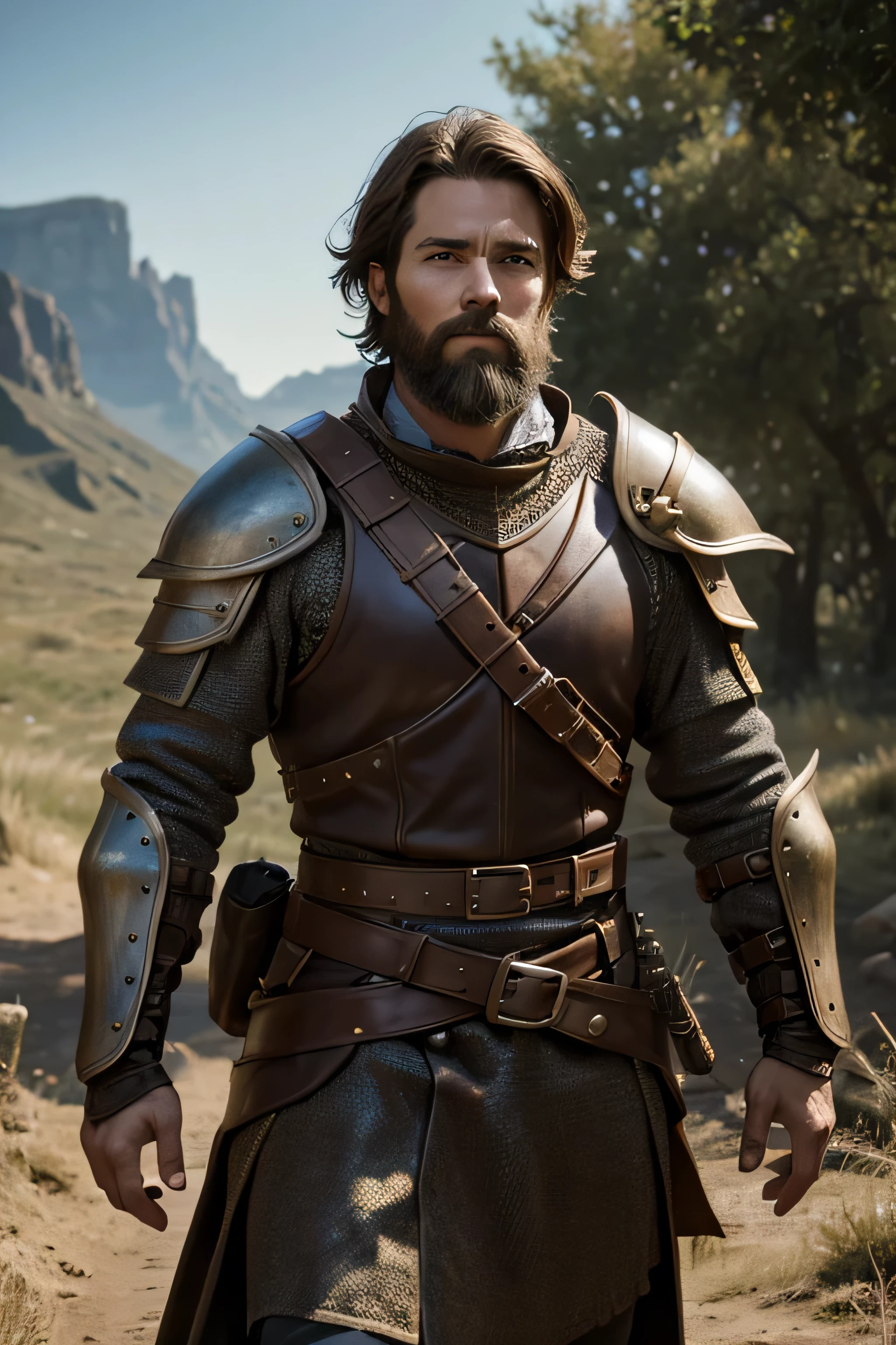 1 male medival ranger, brown hair, beard, ungly face, 35 years old, leatherarmor & chainmail, no shoulderpads, absurdres, high res, ultrasharp, 8K, masterpiece, the image should be of absurd resolution and high detail. It should be ultra-sharp and available in 8K resolution, representing a masterpiece in image quality.