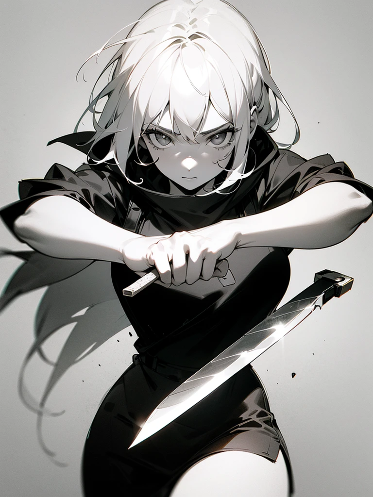 (Partial Mosaic, White Hair Girl, knife), Grayscale Shades, sketch, Minimalist Style, Monochrome background street art