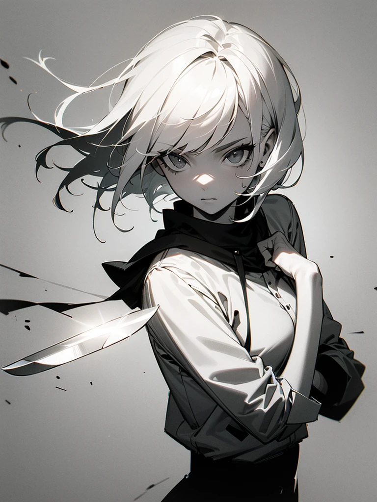 (Partial Mosaic, White Hair Girl, knife), Grayscale Shades, sketch, Minimalist Style, Monochrome background street art