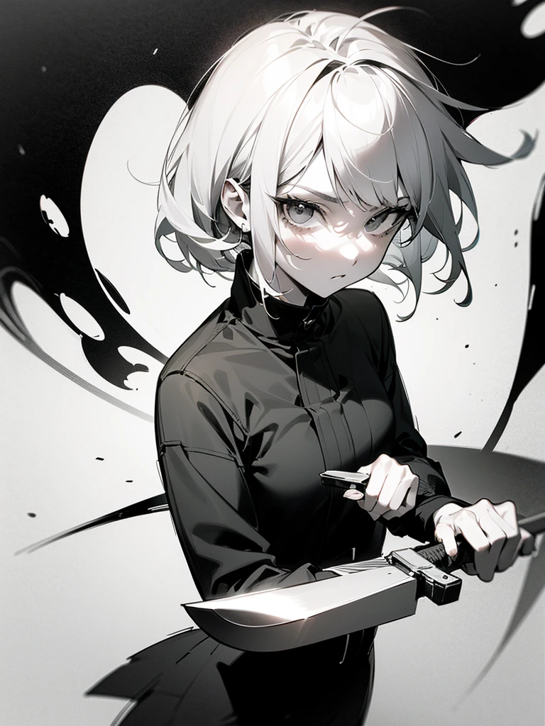 (Partial Mosaic, White Hair Girl, knife), Grayscale Shades, sketch, Minimalist Style, Monochrome background street art