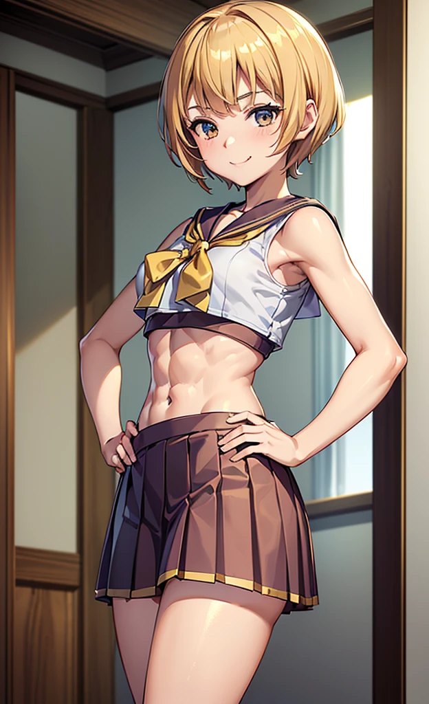 masterpiece, best quality, ultra detailed, ultra high resolution, very detailed face, solo, ((anime)), 20 years old girl, (((sailorfighter costume, pleated short skirt, croptop))), ((golden short hair)), (((medium breast))), (six pack abs:1.2), ((little smile, small mouth)), ((hands on the hip)), standing in the bedroom