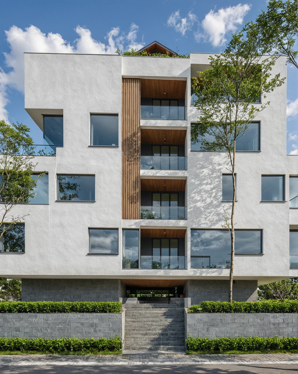 Masterpiece, high quality, best quality, authentic, super detail, outdoors, onestoreyvillaXL, aiaigroup, house style modern on the street ,stairs, white wall ,road,pavement, grass, trees, sky, cloud, (daylight:1.1)
