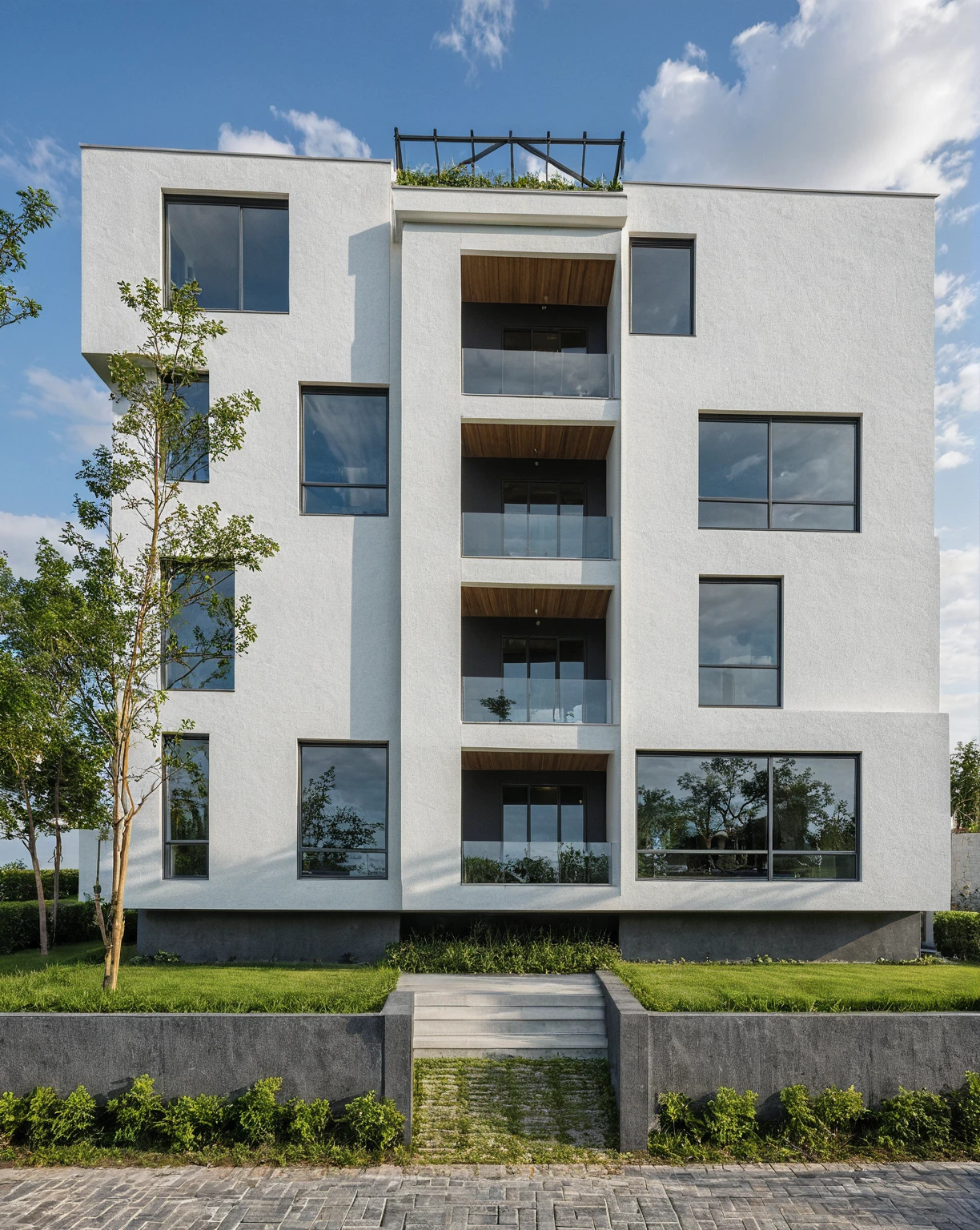 Masterpiece, high quality, best quality, authentic, super detail, outdoors, onestoreyvillaXL, aiaigroup, house style modern on the street ,stairs, white wall ,road,pavement, grass, trees, sky, cloud, (daylight:1.1)
