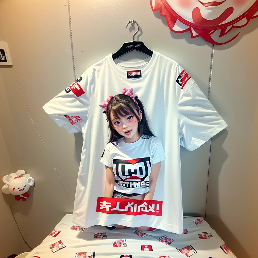 White and Bright Red, (Masterpiece 8K TopQuality:1.2) (ProfessionalPhoto:1.37) ExtremelyDetailed (((a T-shirt) with PUNIPUNI KAWAII girl Printed on it) with "SUPER BITCH" Logo )