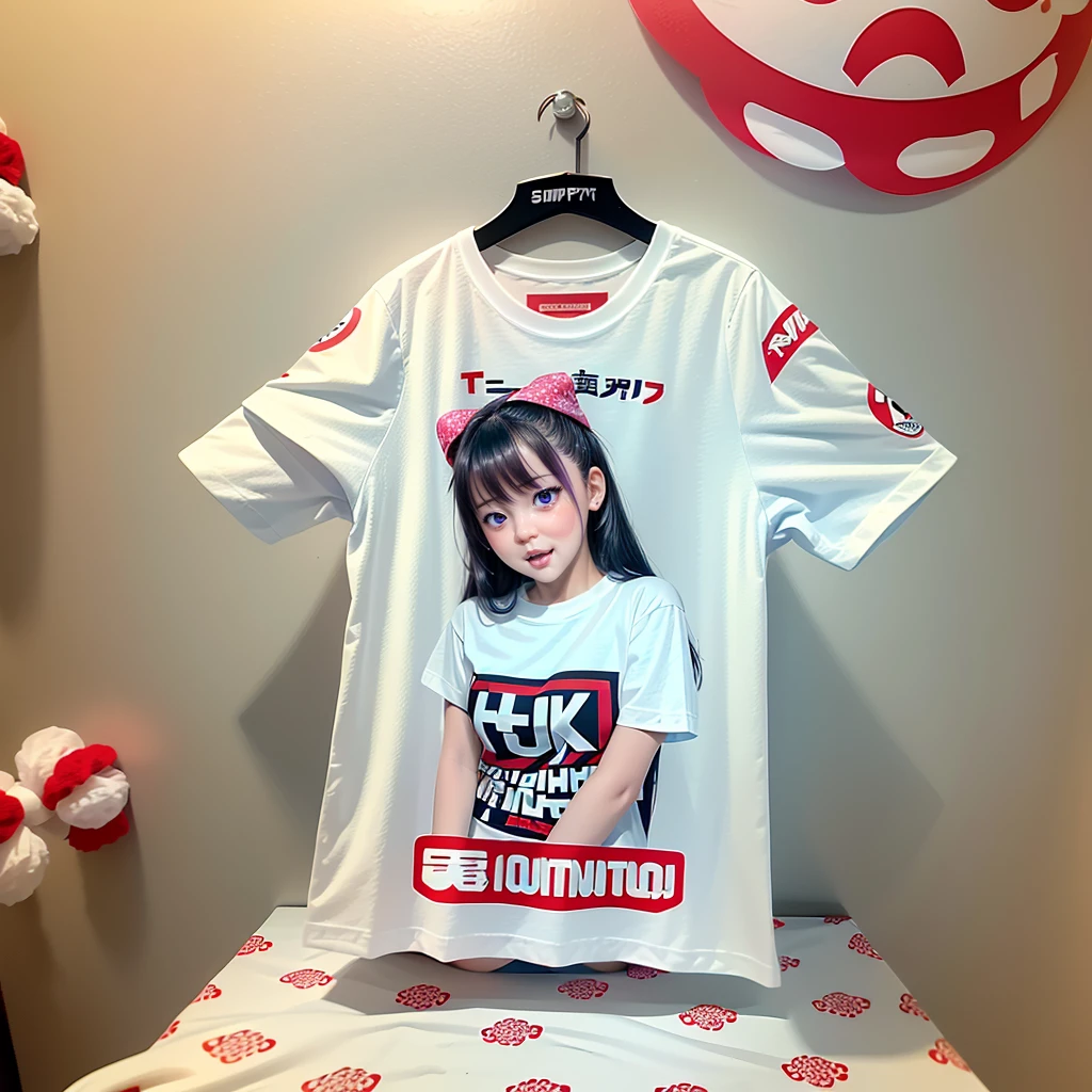 White and Bright Red, (Masterpiece 8K TopQuality:1.2) (ProfessionalPhoto:1.37) ExtremelyDetailed (((a T-shirt) with PUNIPUNI KAWAII girl Printed on it) with "SUPER BITCH" Logo )
