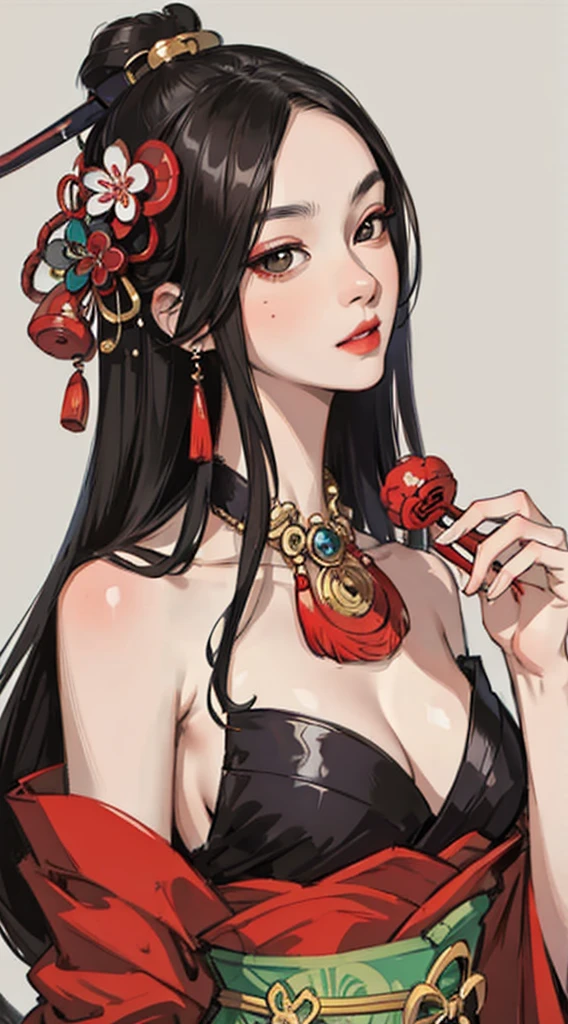 random angle image, brush drawing image, portrait image, beautiful busty Thai female , aged 20, soft skin colour, flowing long black hair, red slim fit maid dress, dynamic fashion pose, red smoke lines behind, white background, 8K resolution 
