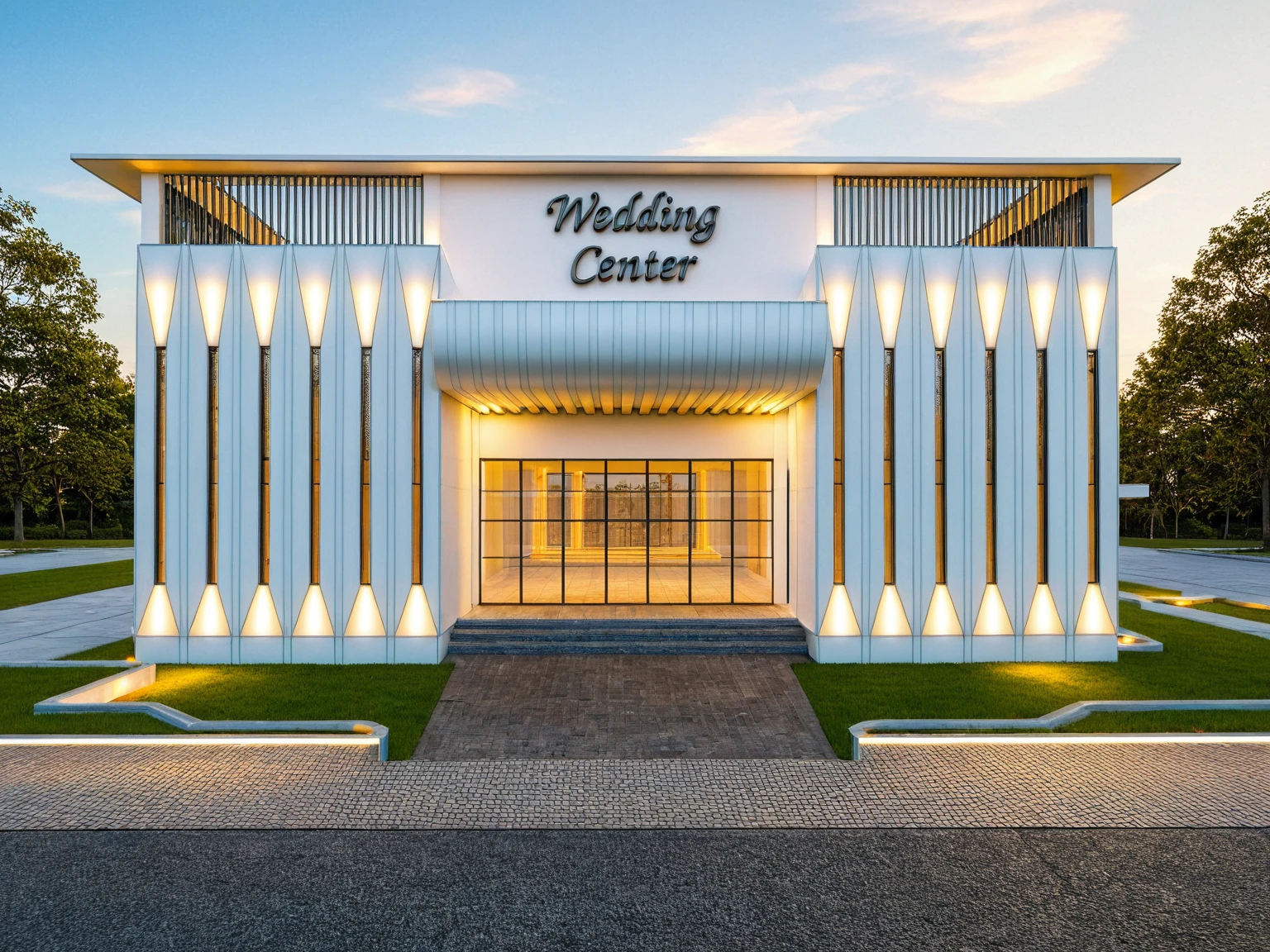 Masterpiece, high quality, best quality, authentic, super detail, outdoors, house style neoclassic,  wedding center, white wall, glass windows, gate road, pavement, grass, trees, blue sky, sunset, cloud, (day:1.1), realistic lighting