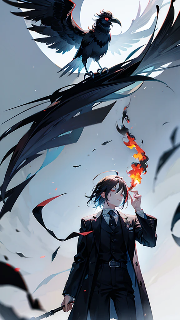 Crow made of smoke, coming out of a man's forearm.