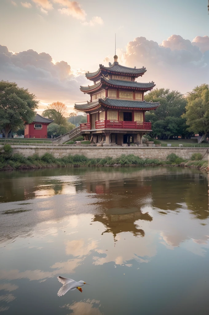 color (Fancy: 1.2), (chinese traditional style), (irregular red building floating on the cloud), mosaic huts, floral decorations, lights, concept art inspired by Andreas Rocha, Artstation contest winner, Fancy art, (sky city), Rosa Tran, axes of light, realistic lighting, Masterpiece, high quality, beautiful graphics, high detail, Masterpiece, high quality, beautiful graphics, high detail, --v6, (sea birds flying in the sky)