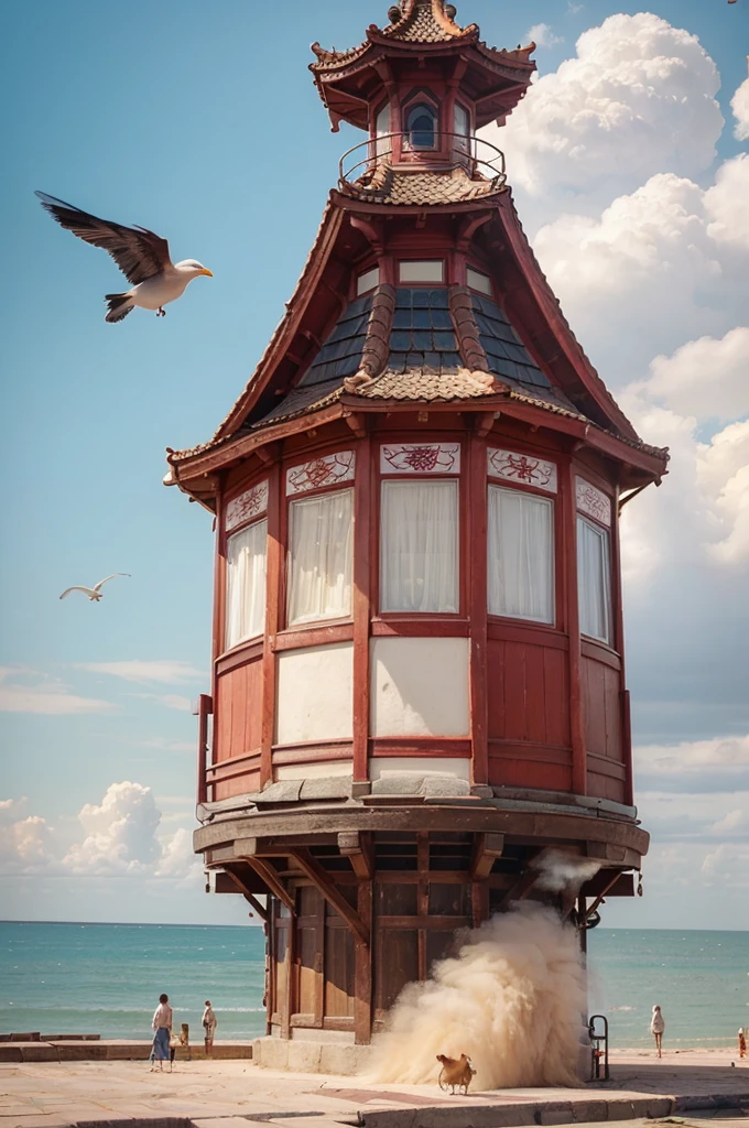 color (Fancy: 1.2), (chinese traditional style), (irregular red building floating on the cloud), mosaic huts, floral decorations, lights, concept art inspired by Andreas Rocha, Artstation contest winner, Fancy art, (sky city), Rosa Tran, axes of light, realistic lighting, Masterpiece, high quality, beautiful graphics, high detail, Masterpiece, high quality, beautiful graphics, high detail, --v6, (sea birds flying in the sky)