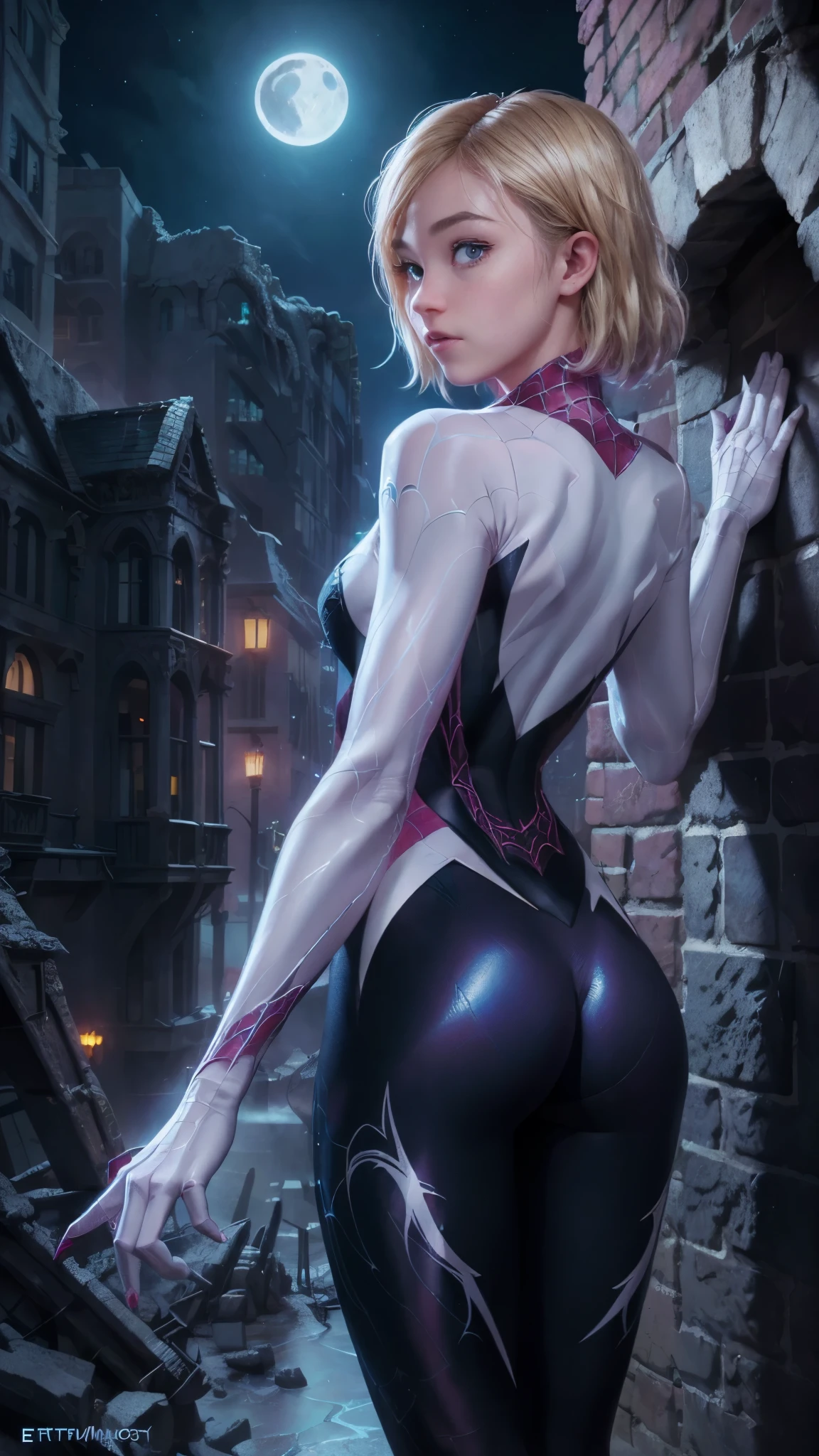 (rear view, backside view),(La Best Quality,A high resolution,ultra-detailed,actual),Spider-gwen standing in a city at night, araña-gwen, araña - gwen, (spider gwen:1.4) , (Gwen Stacy:1.4) ,,(Ruined dungeon ruins background:1.4 ), in the Artgerm Style, Artgerm Style, Artgerm Style, graphic artist artgerm, Betty Cooper, comic germ, en Artgerm Style, as seen on artgerm, Estilo de epic fantasy art HD, 4K fantasy art, epic fantasy digital art style, epic fantasy art style, fantasy woman, epic fantasy art portrait, epic fantasy style, hyperrealistic fantasy art, fantasy art in high definition, Epic fantasy character art., epic fantasy art, in dark fantasy art style, epic fantasy digital art, (perfect anatomy :1.4),( cinematic lighting :1.4), (the uniform lasts white), 8K more detailed.unreal engine:1.4,UHD,La Best Quality:1.4, photorealistic:1.4, skin texture:1.4, Masterpiece:1.8,first job, Best Quality,object object], (detailed facial features:1.3),(beautiful blue eyes),  (cowboy pose), (face detailed Gwen Stacy :1.4),( Gwen Stacy :V2.1), (Five fingers, four fingers and thumb),(she has a beautiful beautiful ass ), (shiny white tights/shackles:1.4),(bright colors),( fondo luna brillante grande :1.4) (anatomía perfecta detailed :V2.1) 