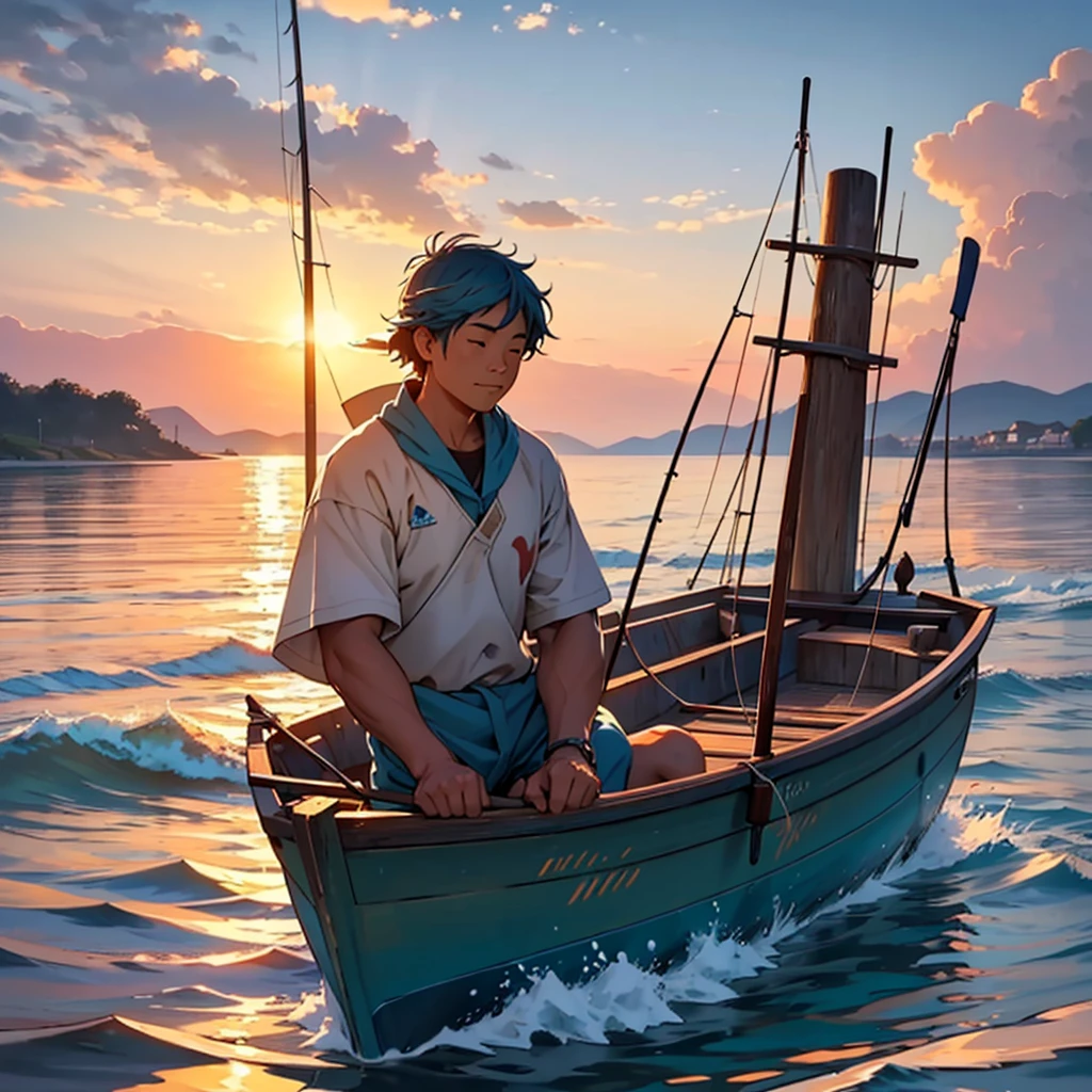 A humble fisherman in a simple boat, fishing at sunrise. The fisherman looks content and focused. The background features a calm sea with gentle waves and a serene sky with the sun rising, casting warm colors across the water. The art style should match the following: detailed, soft lighting, vibrant colors, and a realistic yet slightly stylized look.