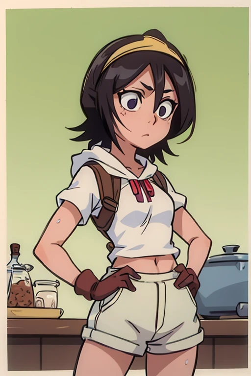girl in booty shorts, wearing oven mittens tucked in pockets, blindfold