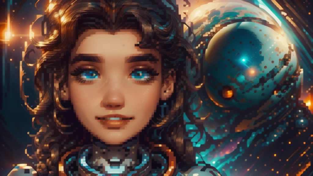 arafed image of a white woman in a futuristic suit with a spaceship in the background, movie art, in front of an orange background, inspired by Robert McGinnis, female protagonist, megastructure in the background, portrait of an ai astronaut, astronauts, an astronaut, portrait of a astronaut skeletor, perfect android girl, Highly Detailed Face and Skin Texture, Detailed Eyes, Double eyelids, perfectly detailed teeth, frank franzzeta and sakimichan  