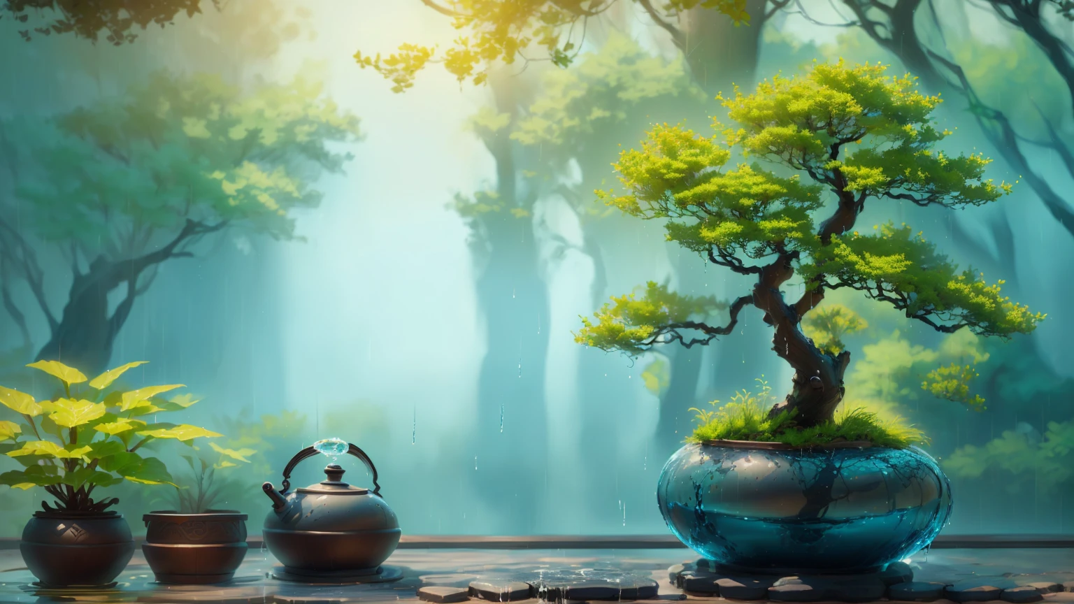 rain、there is a Potted plants tree in a pot on a table, Zen Nature Background, lush plants and Potted plants trees, Potted plants tree, blue Potted plants, Beautiful Wallpapers, Awesome Wallpapers, High-resolution wallpapers, Potted plants trees, Nature Wallpaper, Beautiful background, Potted plants, made of Potted plants, Portrait Wallpaper, Zen temple background, Zen atmosphere, High Quality Wallpapers, high quality desktop wallpaper、Wet with water、