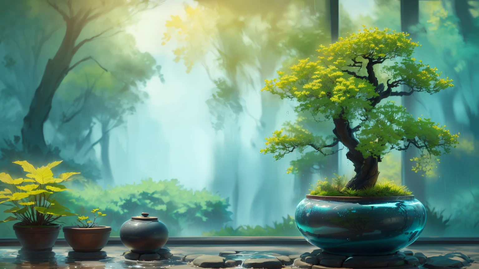 rain、there is a Potted plants tree in a pot on a table, Zen Nature Background, lush plants and Potted plants trees, Potted plants tree, blue Potted plants, Beautiful Wallpapers, Awesome Wallpapers, High-resolution wallpapers, Potted plants trees, Nature Wallpaper, Beautiful background, Potted plants, made of Potted plants, Portrait Wallpaper, Zen temple background, Zen atmosphere, High Quality Wallpapers, high quality desktop wallpaper、Wet with water、