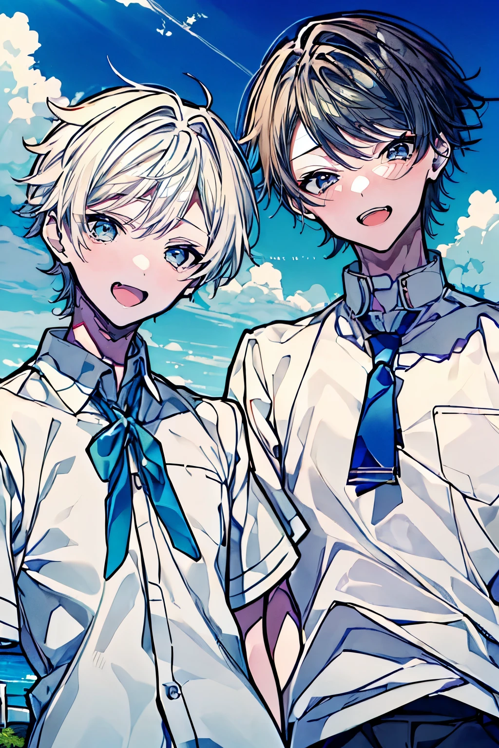 (Mastepiece), (Best Quality), Very detailed, (Two friendly boys:1.5)，High school boys、Shooting from below、Solo Shooting，Perfect Face, Beautiful Face, Very detailed顔，(黒髪のHigh school boys1人:1.3)，(白髪のHigh school boys1人:1.3)、(short hair:1.3)、(Happy Face:1.4)，(Laughing with your mouth open:1.3)，(Short-sleeved white shirt:1.4)、(Windになびく髪:1.4)，(youth:1.3)、The atmosphere that seems to disappear，(blue sky_cumulonimbus)、summer、ephemeral、Sweat、Wind、sunlight