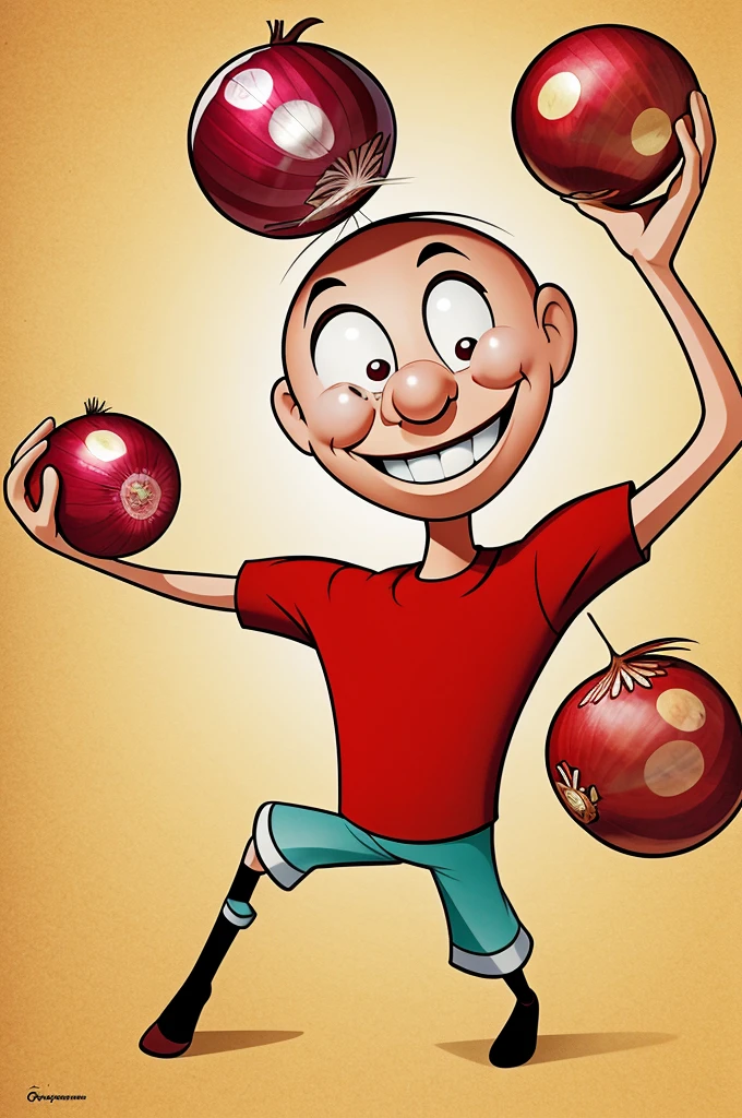 Cartoon for poster creation Red pearl onion happy face arms legs 
