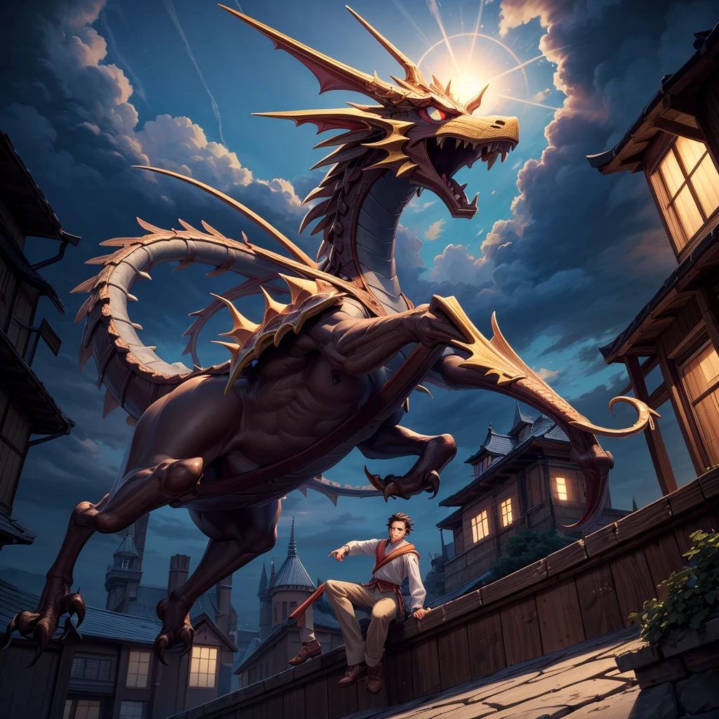 ((Best quality)), ((masterpiece)), (detailed:1.4), 3D, A young man rides a golden dragon flying in the sky above the castle, Anime Japan Style, masterpiece, 8K