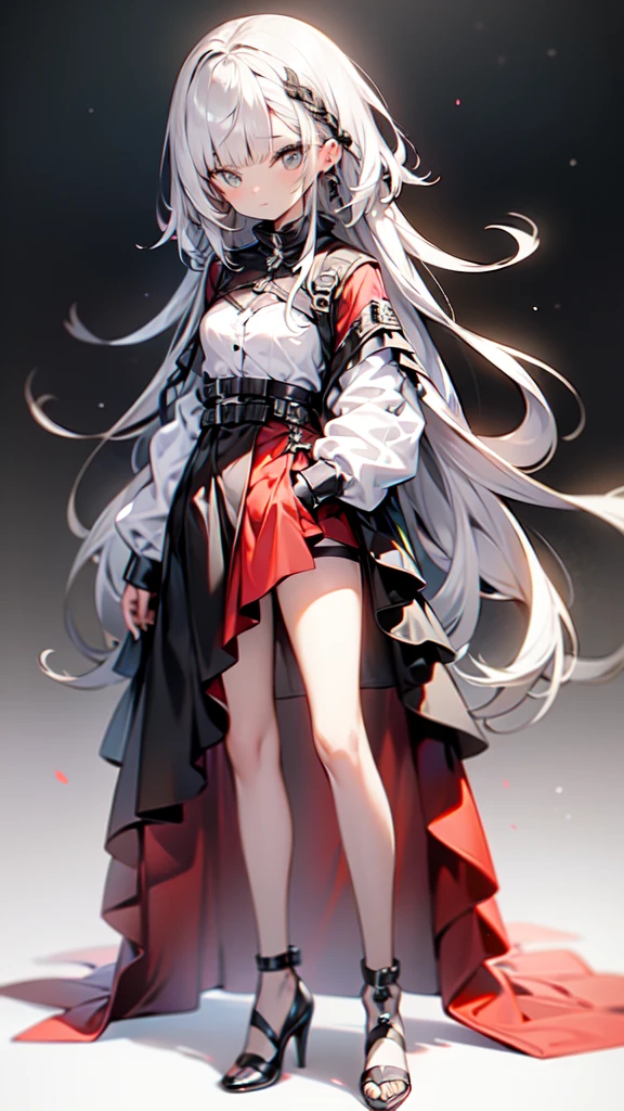 1 woman in a red dress and black heels standing in front of a wreath of red roses, hand in pocket, gray hair deity, long smooth hair and bangs, straight cutted hair and bangs, red right eye, gray left eye, heterochromia eyes, High quality anime image of a cute girl., anime girl with long hair, perfect white hair anime girl, anime girl gothic maiden, high quality anime art style., animated style, cute anime waifu with a beautiful dress, Red suit, beautiful anime art, de arknights