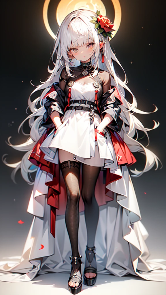 1 woman in a red dress and black heels standing in front of a wreath of red roses, hand in pocket, gray hair deity, long smooth hair and bangs, straight cutted hair and bangs, red right eye, gray left eye, heterochromia eyes, High quality anime image of a cute girl., anime girl with long hair, perfect white hair anime girl, anime girl gothic maiden, high quality anime art style., animated style, cute anime waifu with a beautiful dress, Red suit, beautiful anime art, de arknights