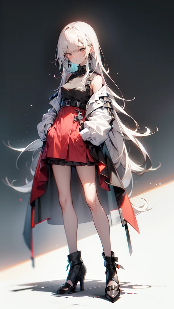 1 woman in a red dress and black heels standing in front of a wreath of red roses, hand in pocket, gray hair deity, long smooth hair and bangs, straight cutted hair and bangs, red right eye, gray left eye, heterochromia eyes, High quality anime image of a cute girl., anime girl with long hair, perfect white hair anime girl, anime girl gothic maiden, high quality anime art style., animated style, cute anime waifu with a beautiful dress, Red suit, beautiful anime art, de arknights