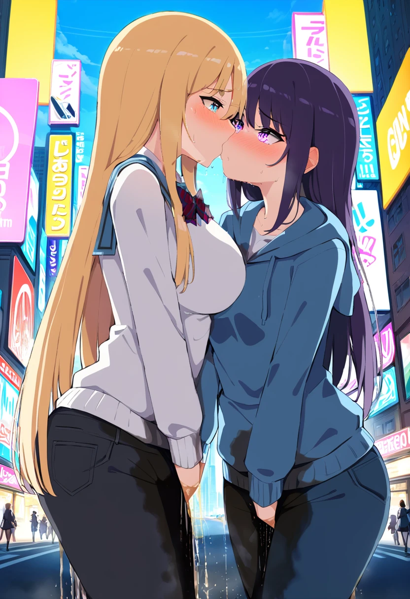 (masterpiece:1.37), best quality, (extremely detailed:1.37), 2girls, kiss, yuri, woman, (mature:1.5), (adult:1.5), large breasts, very long hair, (straight hair:1.5), dark purple hair, blonde hair, purple eyes, blue eyes, (extremely detailed eyes:1.37), hoodie, jeans, desperation, (wetting self:1.5), standing, embarrassed, humiliation, blushing, angry, city, futuristic, neon lighting, high-tech, street, skyscraper