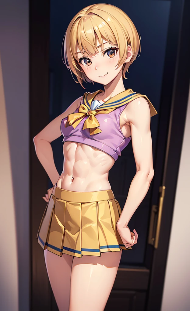 masterpiece, best quality, ultra detailed, ultra high resolution, very detailed face, solo, ((anime)), 20 years old girl, (((sailorfighter costume, pleated short skirt, croptop))), ((golden short hair)), (((medium breast))), (six pack abs:1.2), ((little smile, small mouth)), ((hands on the hip)), standing in the bedroom