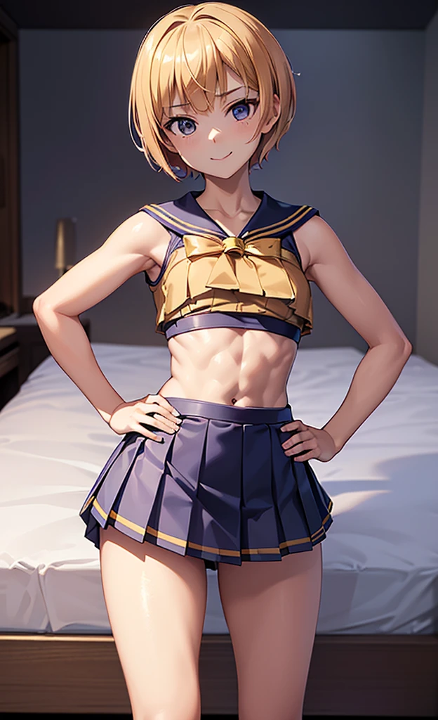 masterpiece, best quality, ultra detailed, ultra high resolution, very detailed face, solo, ((anime)), 20 years old girl, (((sailorfighter costume, pleated short skirt, croptop))), ((golden short hair)), (((medium breast))), (six pack abs:1.2), ((little smile, small mouth)), ((hands on the hip)), standing in the bedroom