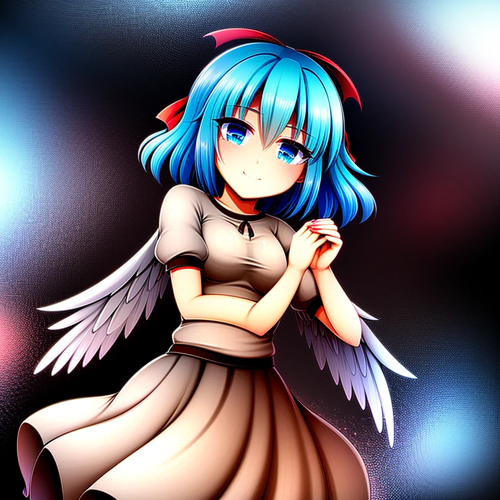 (best quality,4k,8k,highres,masterpiece:1.2), ultra-detailed, highly detailed texture, intricate details, A cute teenage angel with blue eyes, drawn in anime style, 1girl, , , 10 years old, medium blue hair, hair flaps, pink ribbon on head, well-formed face, blue eyes, angel girl, white blouse, puffy short sleeves, red ribbon, angel wings, long white skirt, red shoes, frills, ribbon head, A pair of angel wings on the back