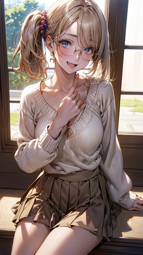 (masterpiece:1.2, top-quality), (realistic, photorealistic:1.4), beautiful illustration, (natural side lighting, movie lighting), ,
(looking at viewer), 1 girl, japanese, high school girl, perfect face, cute and symmetrical face, shiny skin,
(middle hair:1.5, side ponytail:1.5, blond hair), swept bangs, big eyes, blue eyes, drooping eyes, long eye lasher, (large breasts:0.6),
beautiful hair, beautiful face, beautiful detailed eyes, beautiful clavicle, beautiful body, beautiful chest, beautiful thighs, beautiful legs,
((symmetrical clothing, detailed cloth texture, beige sweater, pleated skirt)), red-rimmed glasses,
(beautiful scenery), evening, living room, sitting sofa, hands on mouth, (lovely smile, upper eyes, open mouth),