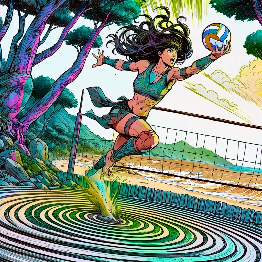 thermal iridescence effect, negative coloring, inverse, neon, glowing, Xena Warrior princess, sports action shot, cinematic, spiking volleyball, sense of movement and energy leaping moment, zen garden volleyball arena surrounded by dense forest, beach coastline background, expressive color ink style joelle jones sketch