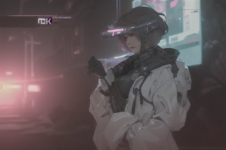 ((The best quality)), ((Masterpiece)), (Very detailed:1.3), ..............3D, beautiful (Cyberpunk:1.3) hacker woman, short hairstyle,short hair, Return to viewer, Thick hair, Operating computer terminal, head mounted display, computer server, LCD screen, fiber optic cable, Company logo, HDR (High Dymanic Range), ray tracing, NVIDIA RTX, super resolution, Unreal 5, Subsoil Scatter, PBR texture, Post-processing, Anisotropic filtering, depth of field, maximum sharpness and sharpness, Multilayer textures, Albedo y Highlight Maps, Surface shading, Accurate simulation of light-material interactions, perfect proportions, octane rendering, duotone lighting, Low ISO, white balance, rule of thirds, wide opening, 8K RAW, efficient sub-pixels, sub-pixel convolution, glow particles, dynamic pose