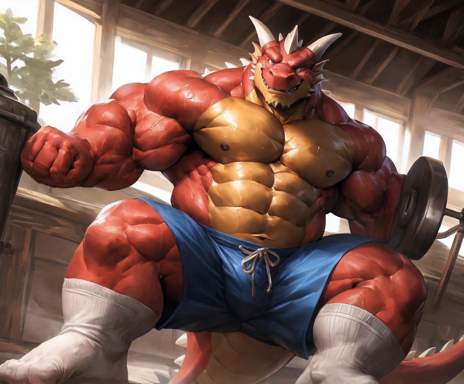 human nature, cannon, male, solitary, ((the strong，Handsome)), (dragon), Chibo，Six-pack abs，(indoor)，Feet facing the audience，Dirty white socks，Blue shorts，Sweat:1.3，high quality, (4K,high quality, high resolution, masterpiece), cartoon,by lindong